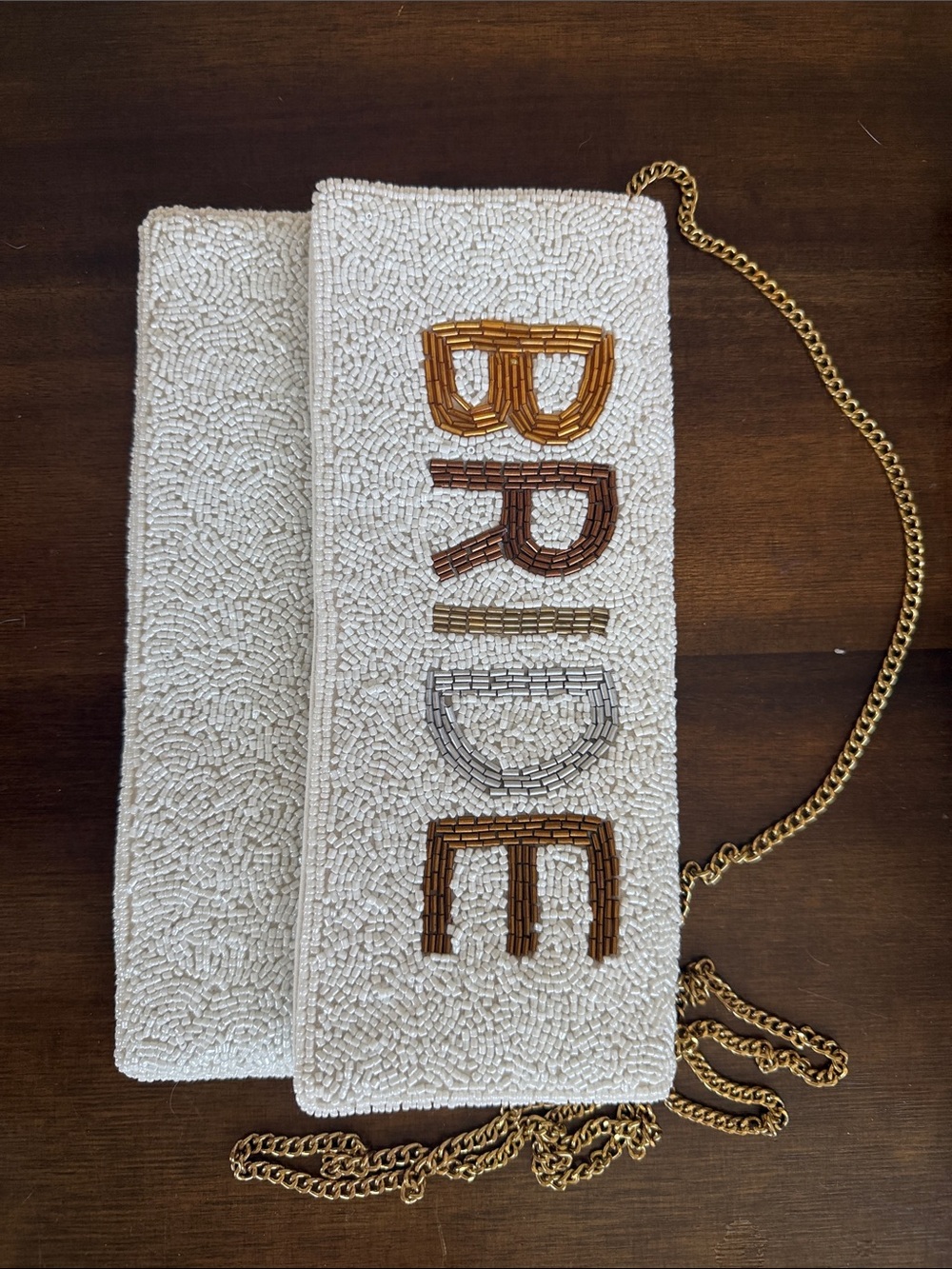 Antik Kraft White Beaded 'BRIDE' Clutch with Gold Chain